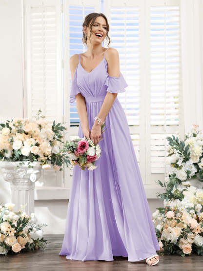 Floor-Length Chiffon Bridesmaid Dresses with Spaghetti Straps, A-Line/Princess Cut, Side Split & Ruched-BMbridal.UK