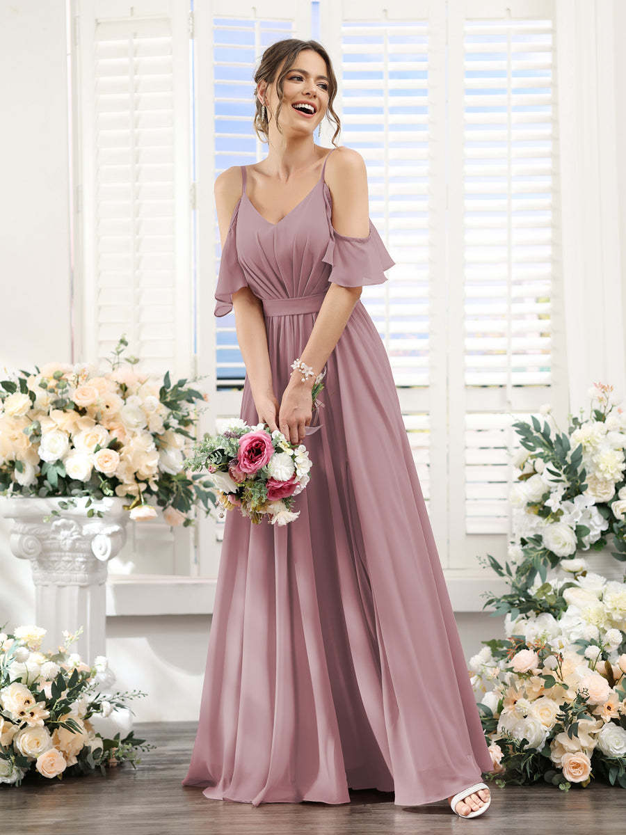 Floor-Length Chiffon Bridesmaid Dresses with Spaghetti Straps, A-Line/Princess Cut, Side Split & Ruched-BMbridal.UK