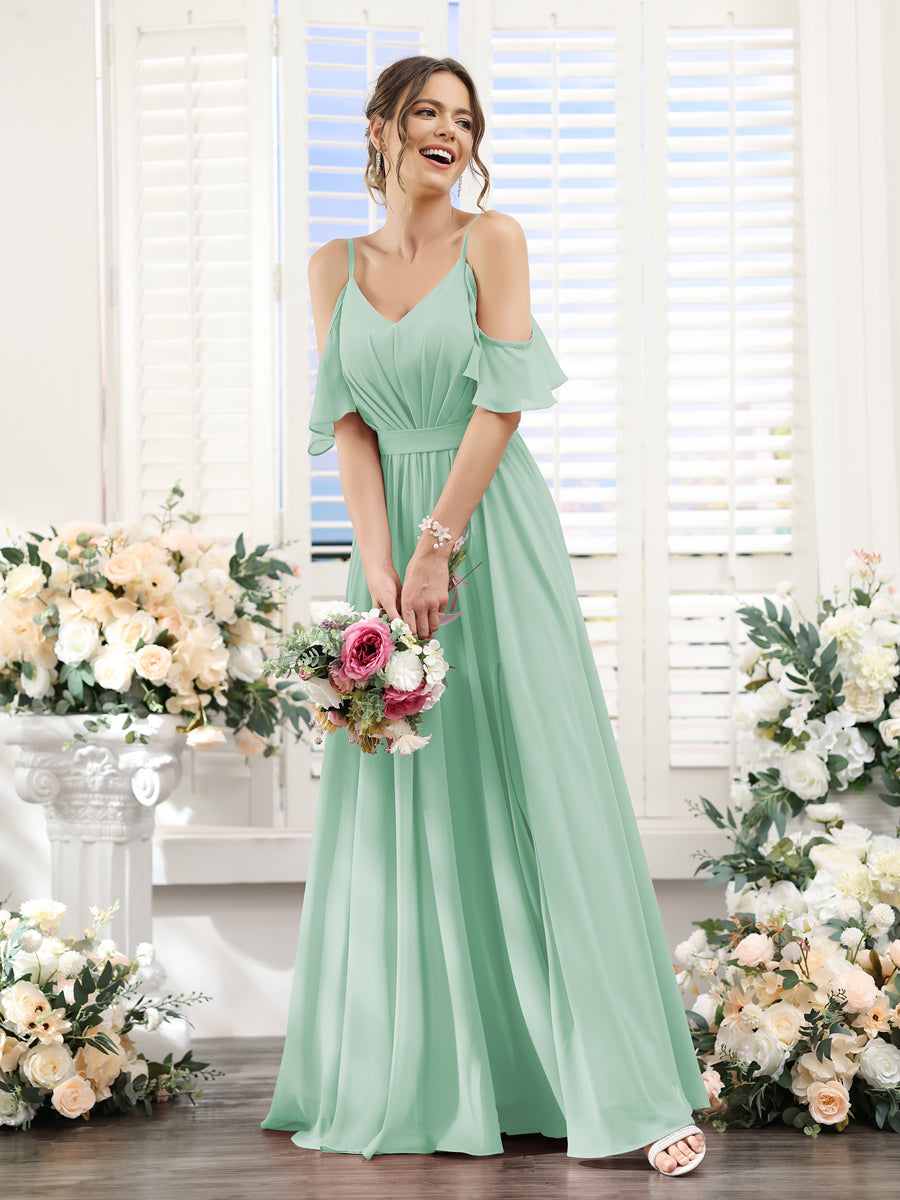 Floor-Length Chiffon Bridesmaid Dresses with Spaghetti Straps, A-Line/Princess Cut, Side Split & Ruched-BMbridal.UK