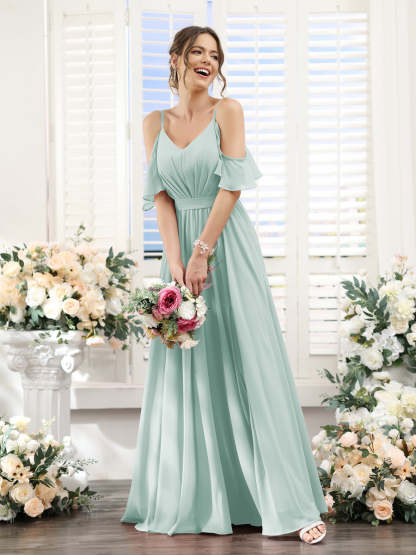 Floor-Length Chiffon Bridesmaid Dresses with Spaghetti Straps, A-Line/Princess Cut, Side Split & Ruched-BMbridal.UK