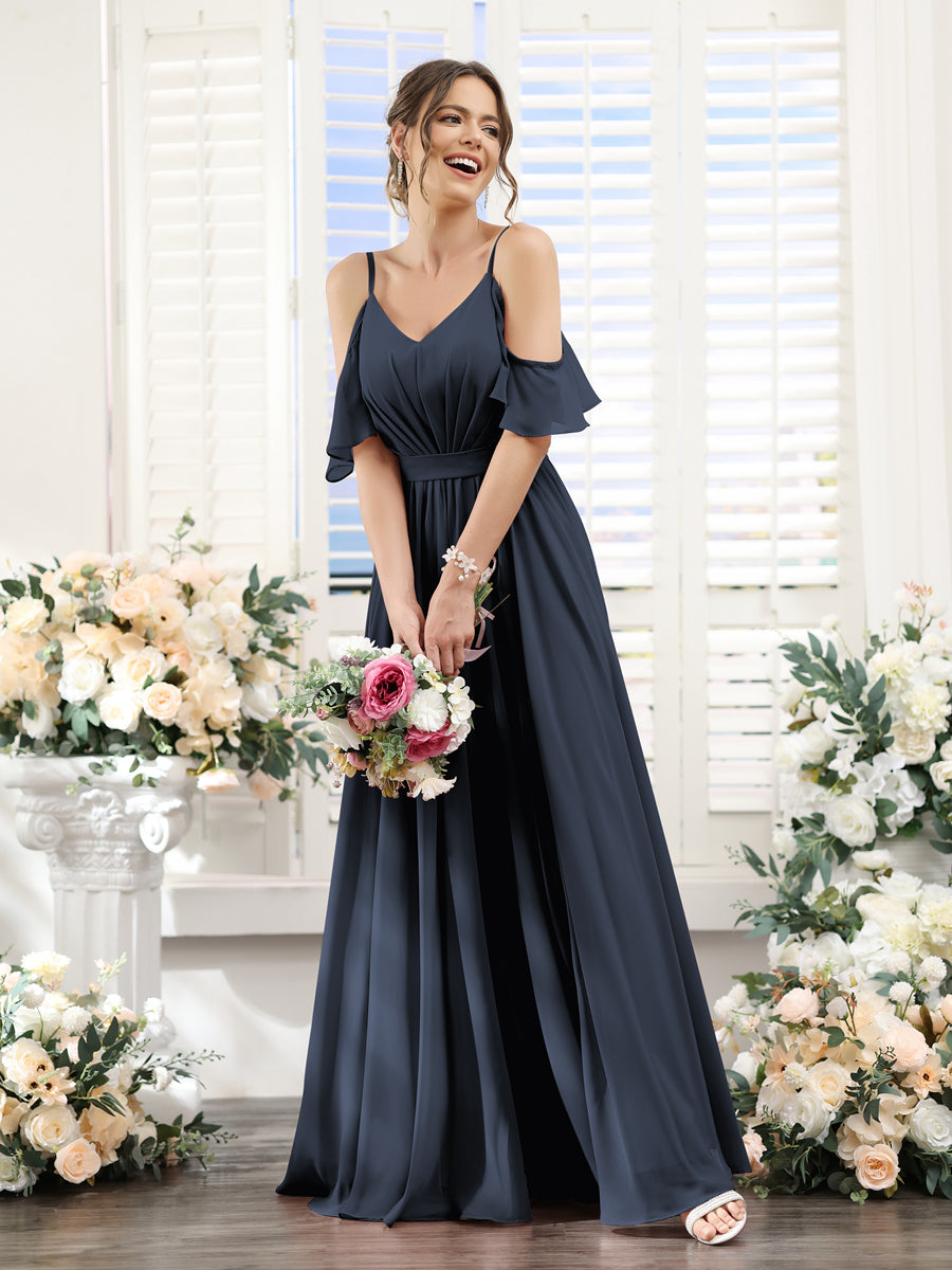 Floor-Length Chiffon Bridesmaid Dresses with Spaghetti Straps, A-Line/Princess Cut, Side Split & Ruched-BMbridal.UK