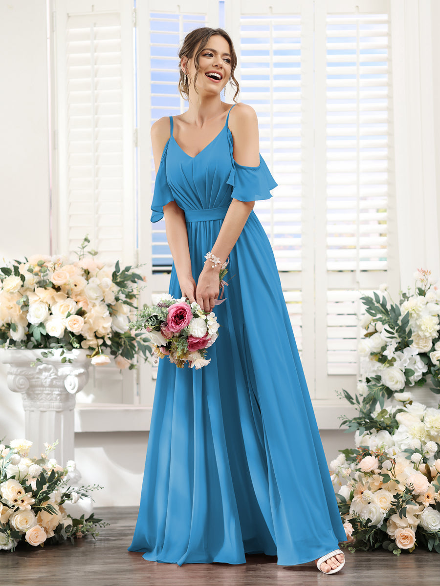 Floor-Length Chiffon Bridesmaid Dresses with Spaghetti Straps, A-Line/Princess Cut, Side Split & Ruched-BMbridal.UK