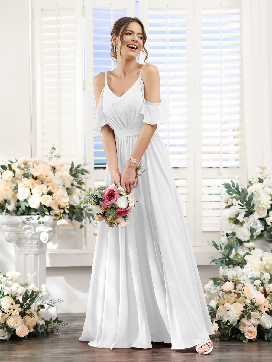 Floor-Length Chiffon Bridesmaid Dresses with Spaghetti Straps, A-Line/Princess Cut, Side Split & Ruched-BMbridal.UK