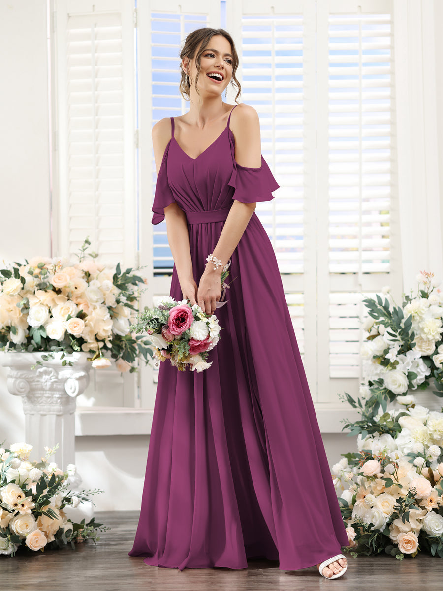 Floor-Length Chiffon Bridesmaid Dresses with Spaghetti Straps, A-Line/Princess Cut, Side Split & Ruched-BMbridal.UK