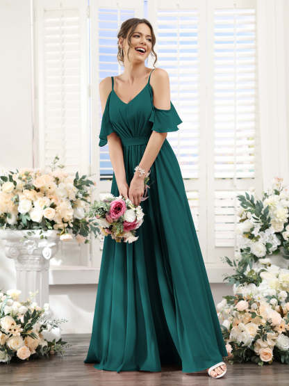Floor-Length Chiffon Bridesmaid Dresses with Spaghetti Straps, A-Line/Princess Cut, Side Split & Ruched-BMbridal.UK
