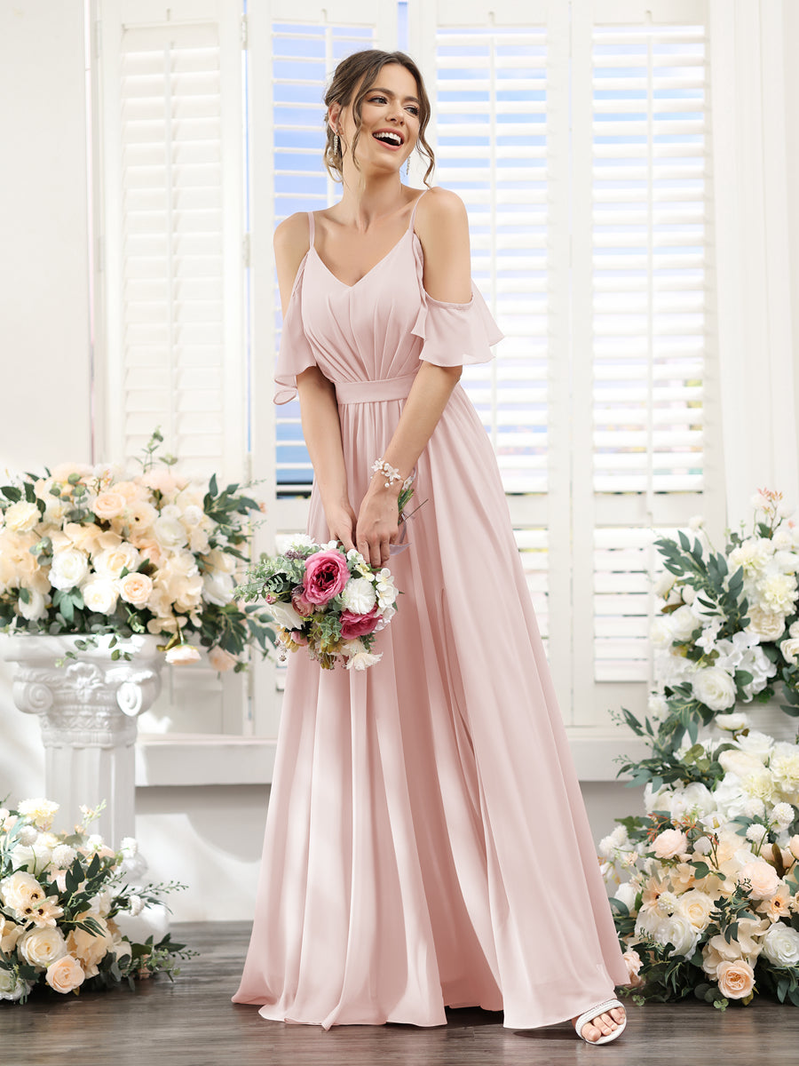 Floor-Length Chiffon Bridesmaid Dresses with Spaghetti Straps, A-Line/Princess Cut, Side Split & Ruched-BMbridal.UK