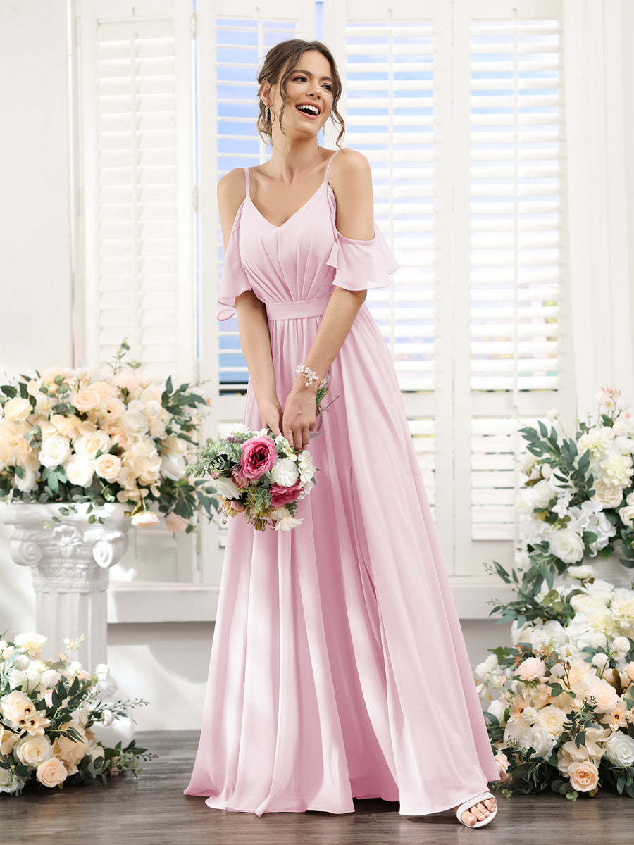 Floor-Length Chiffon Bridesmaid Dresses with Spaghetti Straps, A-Line/Princess Cut, Side Split & Ruched-BMbridal.UK