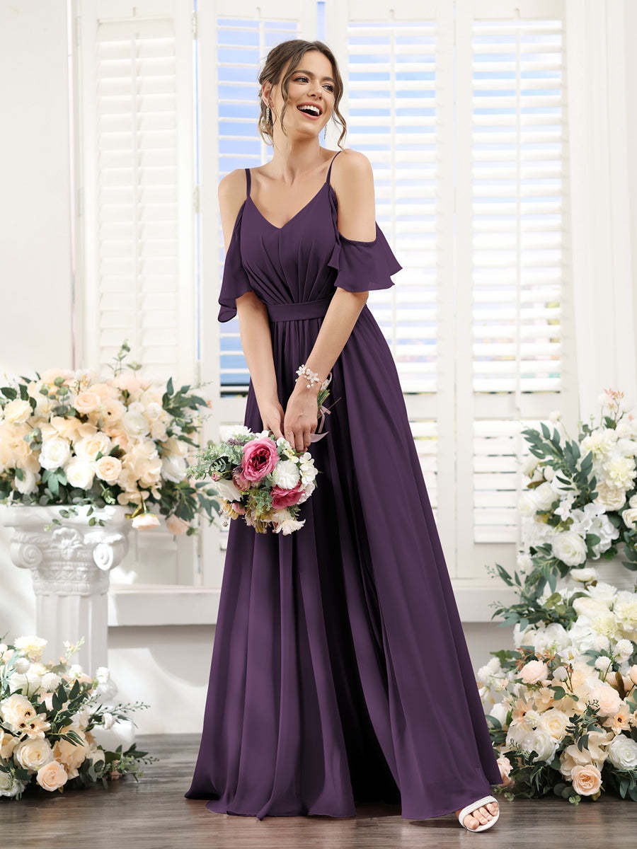 Floor-Length Chiffon Bridesmaid Dresses with Spaghetti Straps, A-Line/Princess Cut, Side Split & Ruched-BMbridal.UK