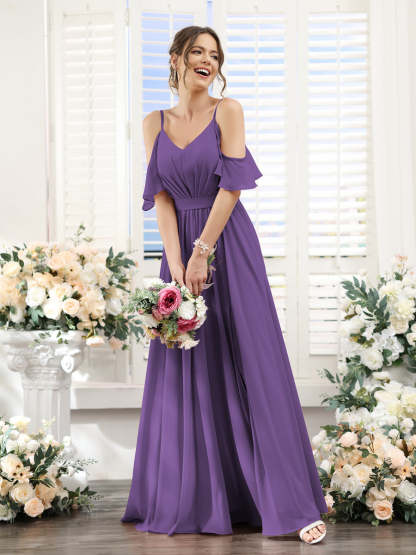 Floor-Length Chiffon Bridesmaid Dresses with Spaghetti Straps, A-Line/Princess Cut, Side Split & Ruched-BMbridal.UK