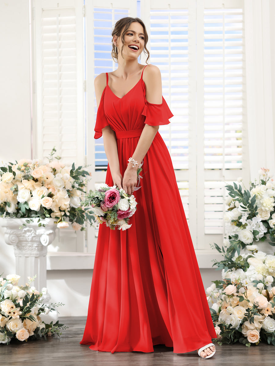 Floor-Length Chiffon Bridesmaid Dresses with Spaghetti Straps, A-Line/Princess Cut, Side Split & Ruched-BMbridal.UK
