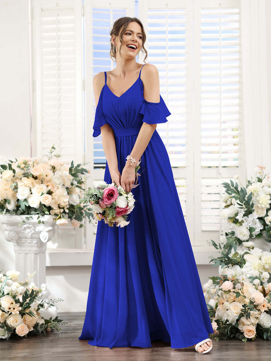 Floor-Length Chiffon Bridesmaid Dresses with Spaghetti Straps, A-Line/Princess Cut, Side Split & Ruched-BMbridal.UK