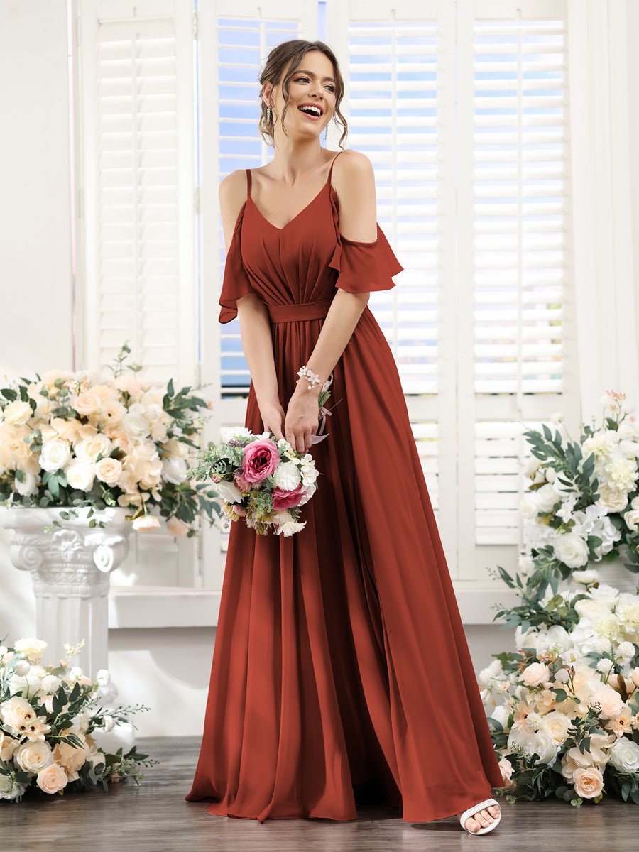 Floor-Length Chiffon Bridesmaid Dresses with Spaghetti Straps, A-Line/Princess Cut, Side Split & Ruched-BMbridal.UK