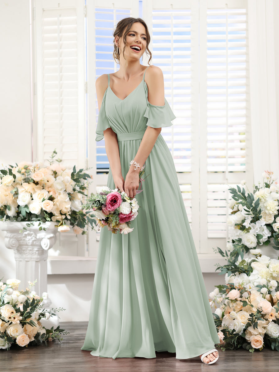 Floor-Length Chiffon Bridesmaid Dresses with Spaghetti Straps, A-Line/Princess Cut, Side Split & Ruched-BMbridal.UK