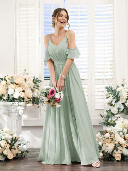 Floor-Length Chiffon Bridesmaid Dresses with Spaghetti Straps, A-Line/Princess Cut, Side Split & Ruched-BMbridal.UK