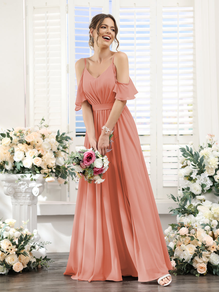Floor-Length Chiffon Bridesmaid Dresses with Spaghetti Straps, A-Line/Princess Cut, Side Split & Ruched-BMbridal.UK