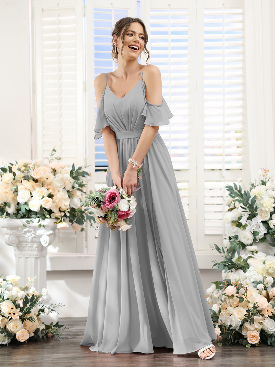 Floor-Length Chiffon Bridesmaid Dresses with Spaghetti Straps, A-Line/Princess Cut, Side Split & Ruched-BMbridal.UK