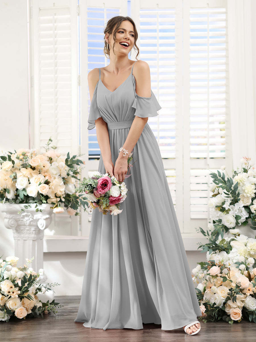 Floor-Length Chiffon Bridesmaid Dresses with Spaghetti Straps, A-Line/Princess Cut, Side Split & Ruched-BMbridal.UK