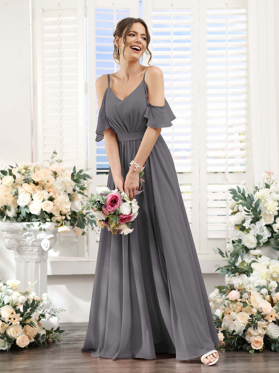 Floor-Length Chiffon Bridesmaid Dresses with Spaghetti Straps, A-Line/Princess Cut, Side Split & Ruched-BMbridal.UK