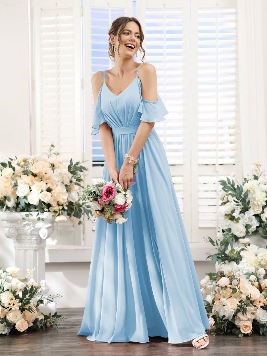 Floor-Length Chiffon Bridesmaid Dresses with Spaghetti Straps, A-Line/Princess Cut, Side Split & Ruched-BMbridal.UK