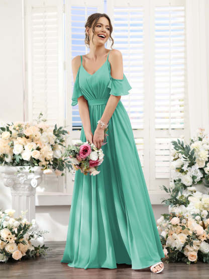 Floor-Length Chiffon Bridesmaid Dresses with Spaghetti Straps, A-Line/Princess Cut, Side Split & Ruched-BMbridal.UK