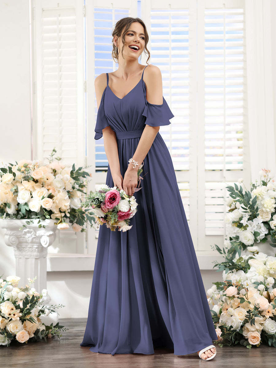 Floor-Length Chiffon Bridesmaid Dresses with Spaghetti Straps, A-Line/Princess Cut, Side Split & Ruched-BMbridal.UK