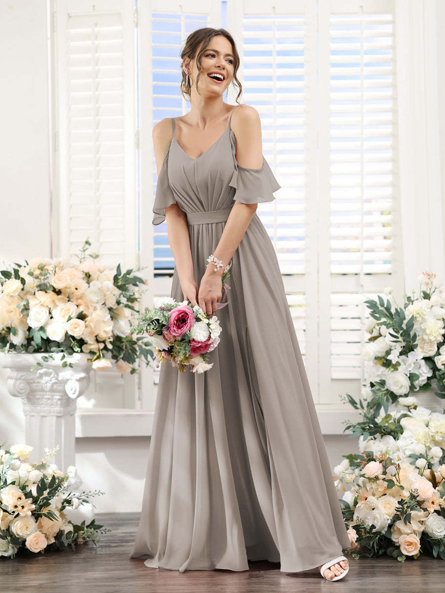 Floor-Length Chiffon Bridesmaid Dresses with Spaghetti Straps, A-Line/Princess Cut, Side Split & Ruched-BMbridal.UK