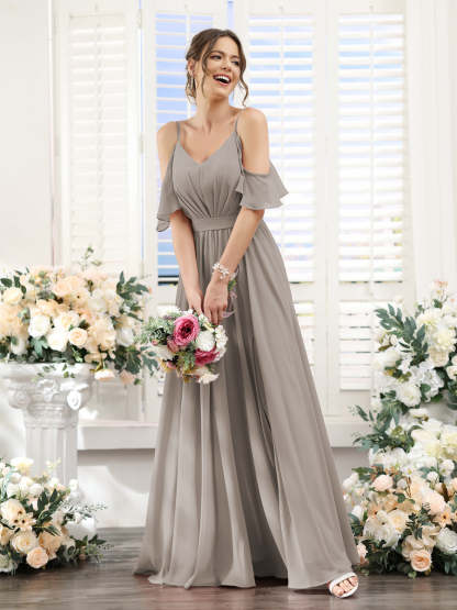 Floor-Length Chiffon Bridesmaid Dresses with Spaghetti Straps, A-Line/Princess Cut, Side Split & Ruched-BMbridal.UK
