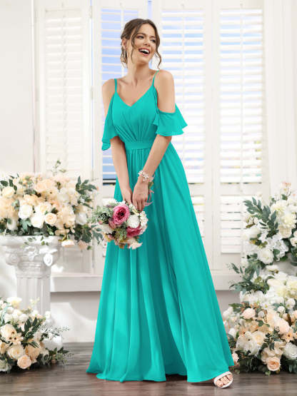 Floor-Length Chiffon Bridesmaid Dresses with Spaghetti Straps, A-Line/Princess Cut, Side Split & Ruched-BMbridal.UK