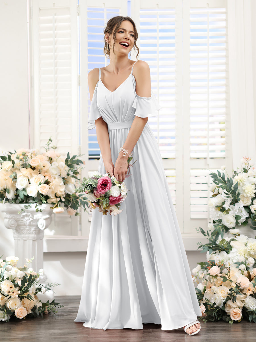Floor-Length Chiffon Bridesmaid Dresses with Spaghetti Straps, A-Line/Princess Cut, Side Split & Ruched-BMbridal.UK