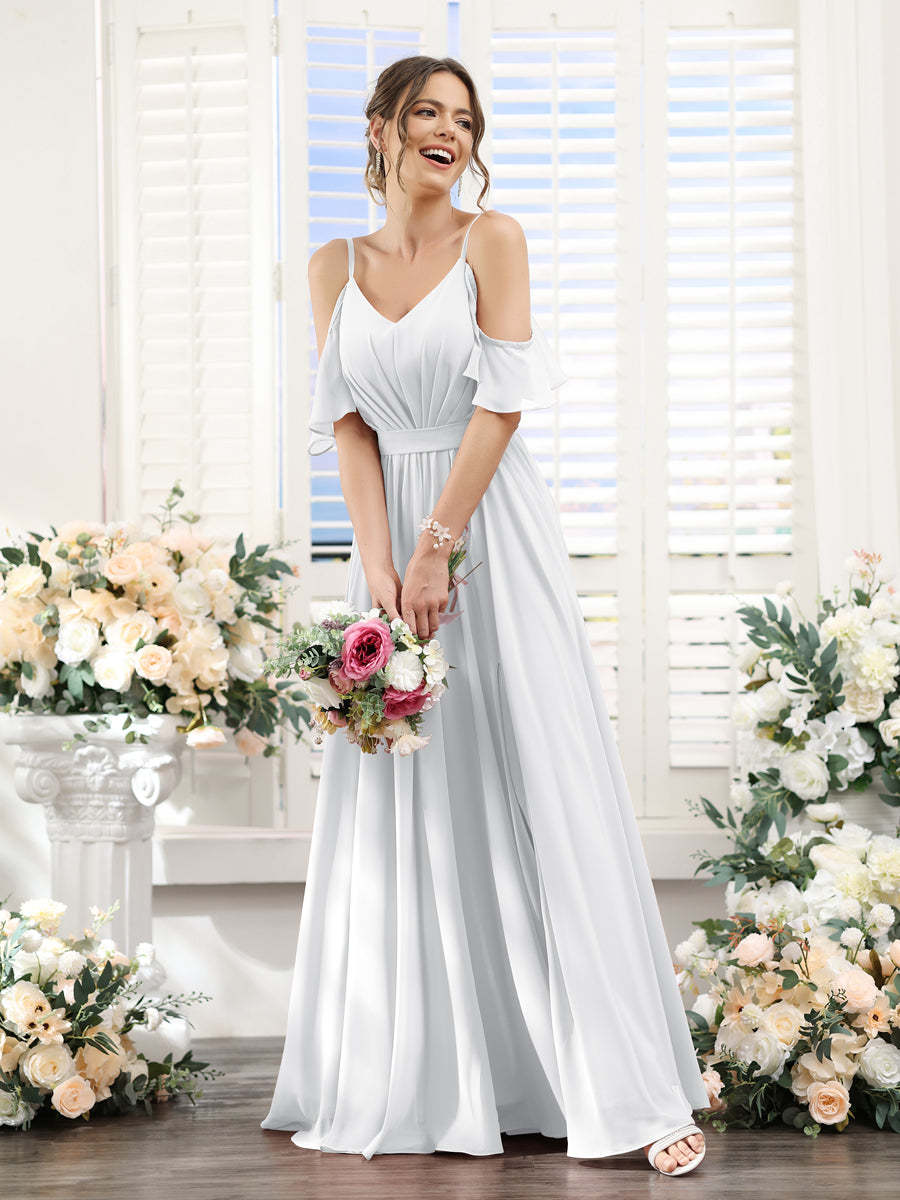 Floor-Length Chiffon Bridesmaid Dresses with Spaghetti Straps, A-Line/Princess Cut, Side Split & Ruched-BMbridal.UK