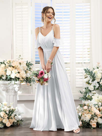 Floor-Length Chiffon Bridesmaid Dresses with Spaghetti Straps, A-Line/Princess Cut, Side Split & Ruched-BMbridal.UK