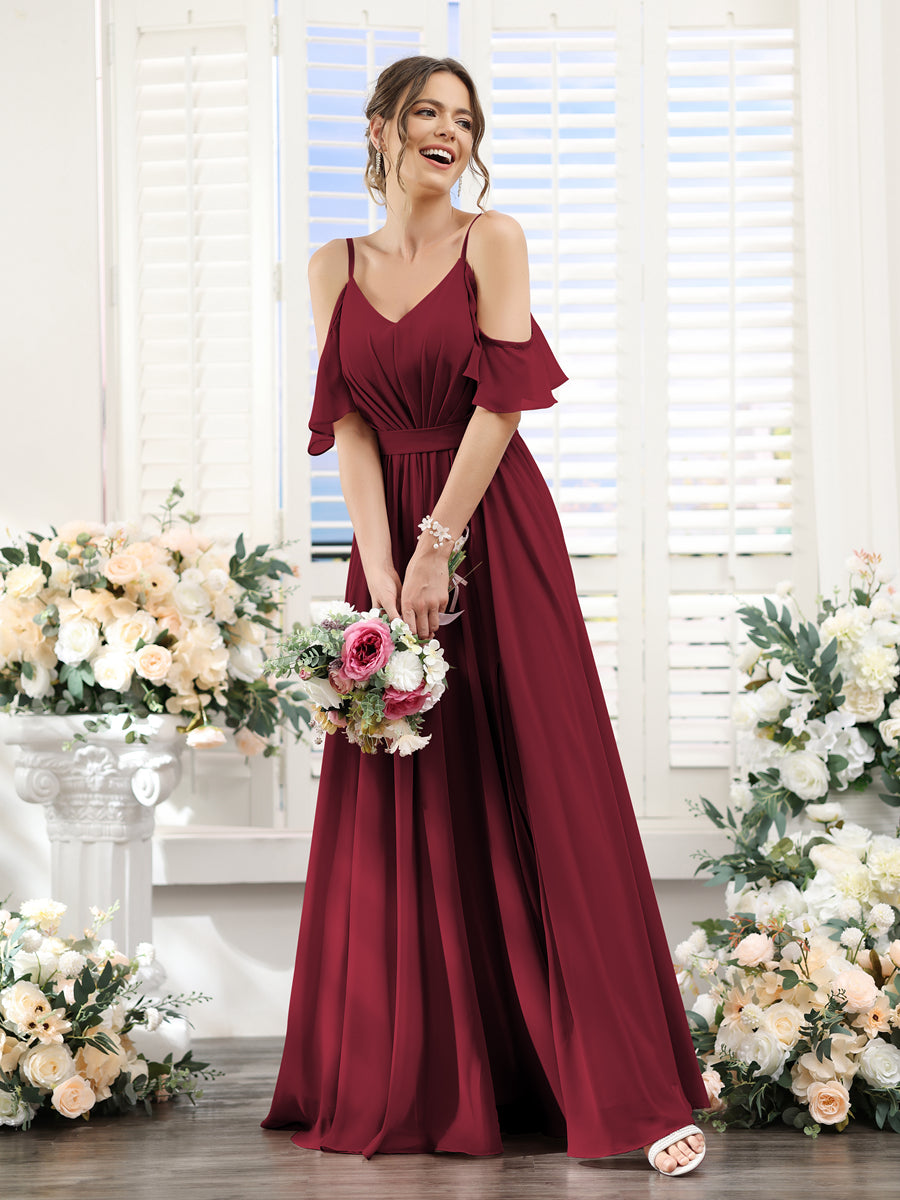 Floor-Length Chiffon Bridesmaid Dresses with Spaghetti Straps, A-Line/Princess Cut, Side Split & Ruched-BMbridal.UK