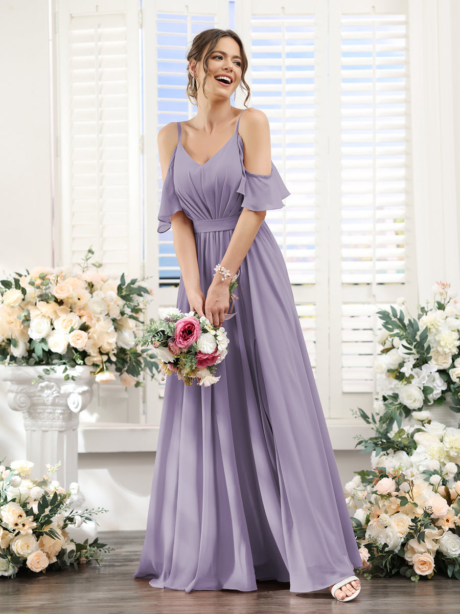 Floor-Length Chiffon Bridesmaid Dresses with Spaghetti Straps, A-Line/Princess Cut, Side Split & Ruched-BMbridal.UK