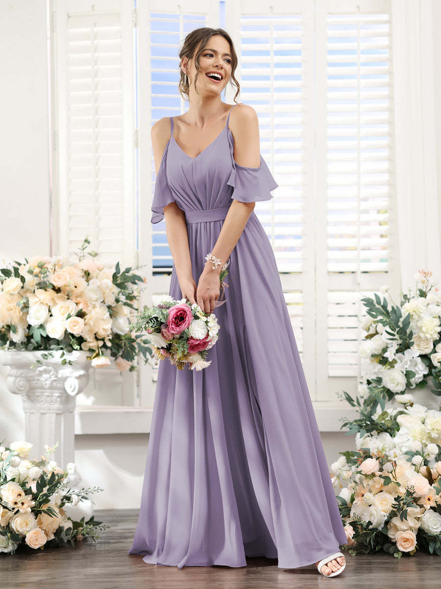 Floor-Length Chiffon Bridesmaid Dresses with Spaghetti Straps, A-Line/Princess Cut, Side Split & Ruched-BMbridal.UK