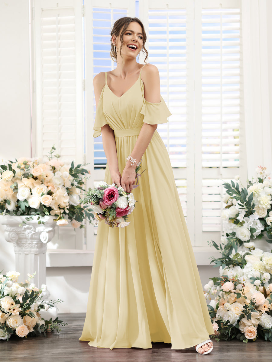 Floor-Length Chiffon Bridesmaid Dresses with Spaghetti Straps, A-Line/Princess Cut, Side Split & Ruched-BMbridal.UK