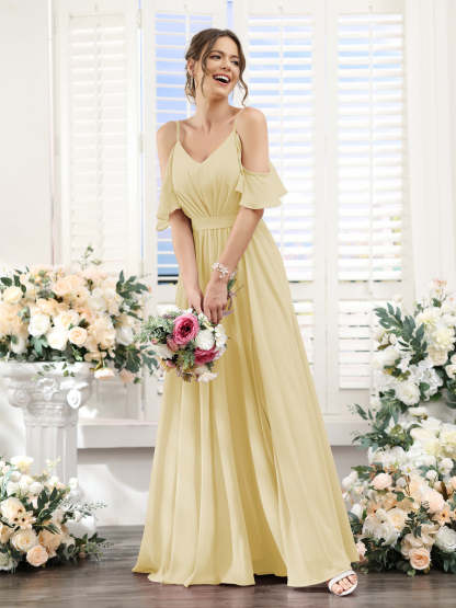 Floor-Length Chiffon Bridesmaid Dresses with Spaghetti Straps, A-Line/Princess Cut, Side Split & Ruched-BMbridal.UK