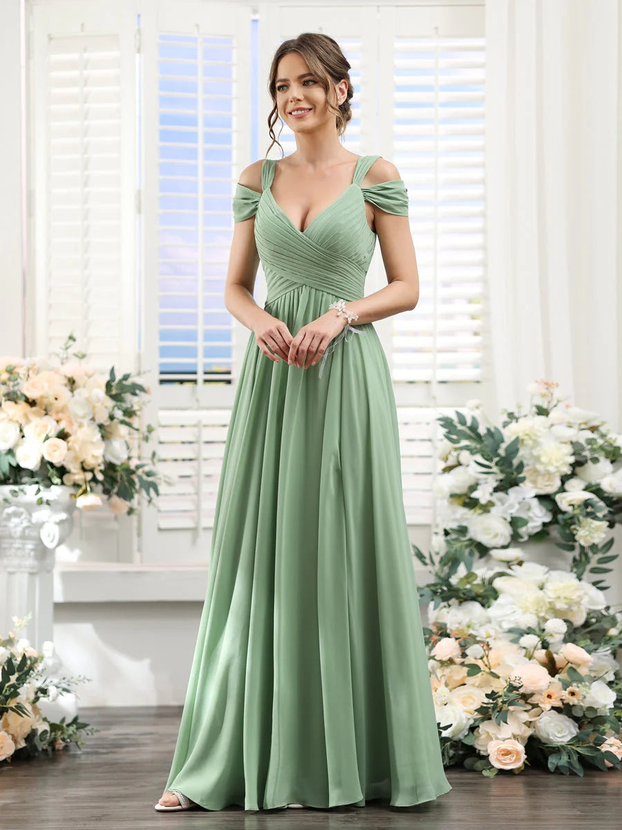 V-Neck Floor-Length Chiffon Bridesmaid Dress with Side Split and Ruched A-Line/Princess Silhouette