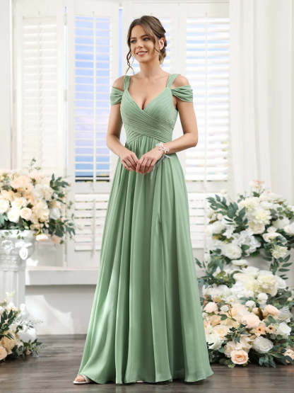 V-Neck Floor-Length Chiffon Bridesmaid Dress with Side Split and Ruched A-Line/Princess Silhouette