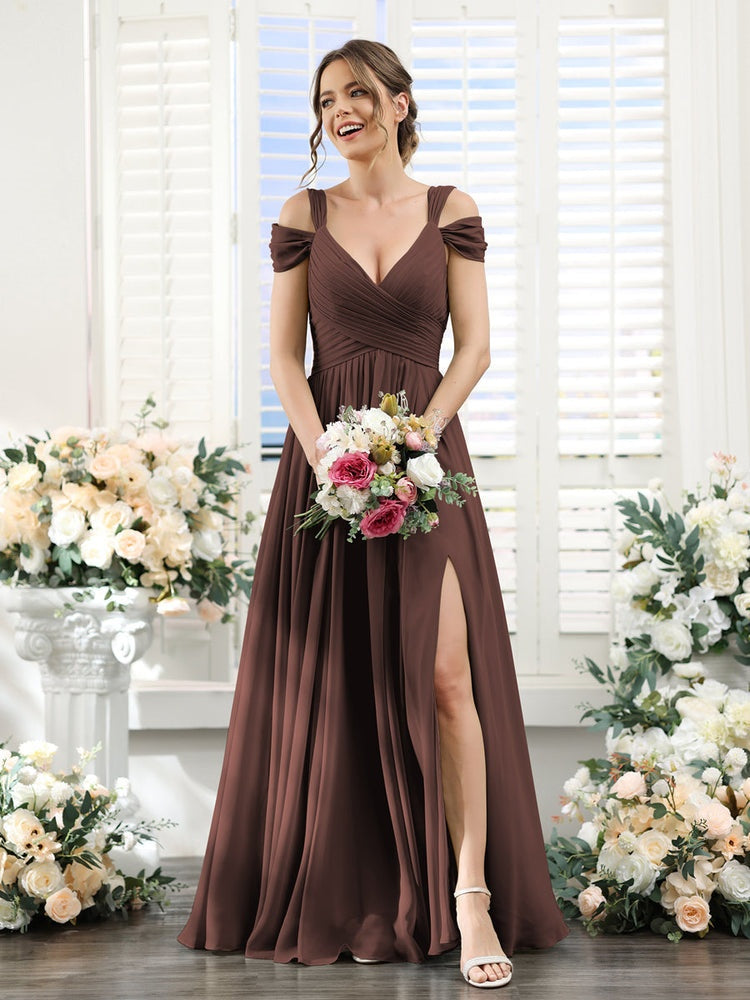V-Neck Floor-Length Chiffon Bridesmaid Dress with Side Split and Ruched A-Line/Princess Silhouette