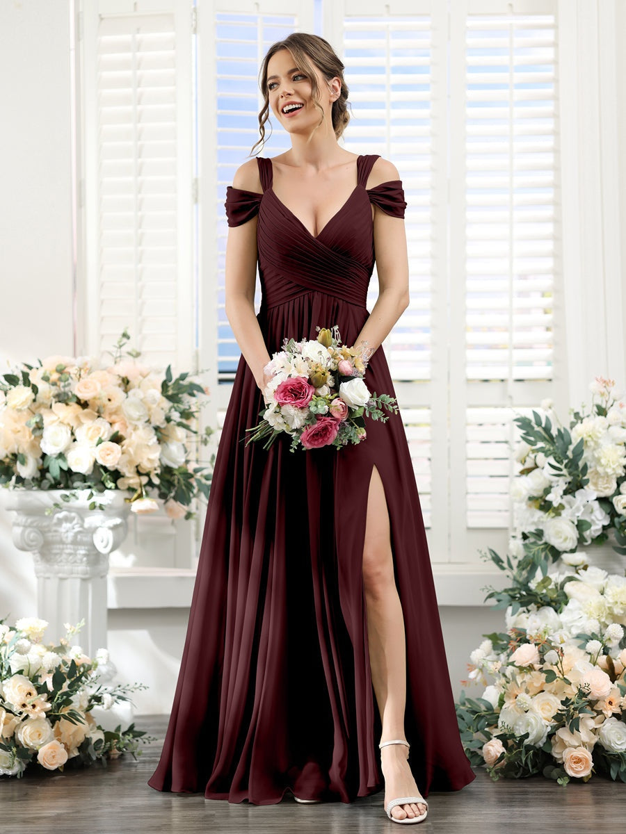 V-Neck Floor-Length Chiffon Bridesmaid Dress with Side Split and Ruched A-Line/Princess Silhouette