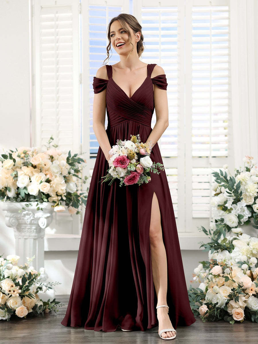 V-Neck Floor-Length Chiffon Bridesmaid Dress with Side Split and Ruched A-Line/Princess Silhouette