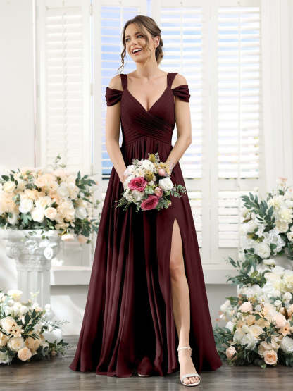 V-Neck Floor-Length Chiffon Bridesmaid Dress with Side Split and Ruched A-Line/Princess Silhouette