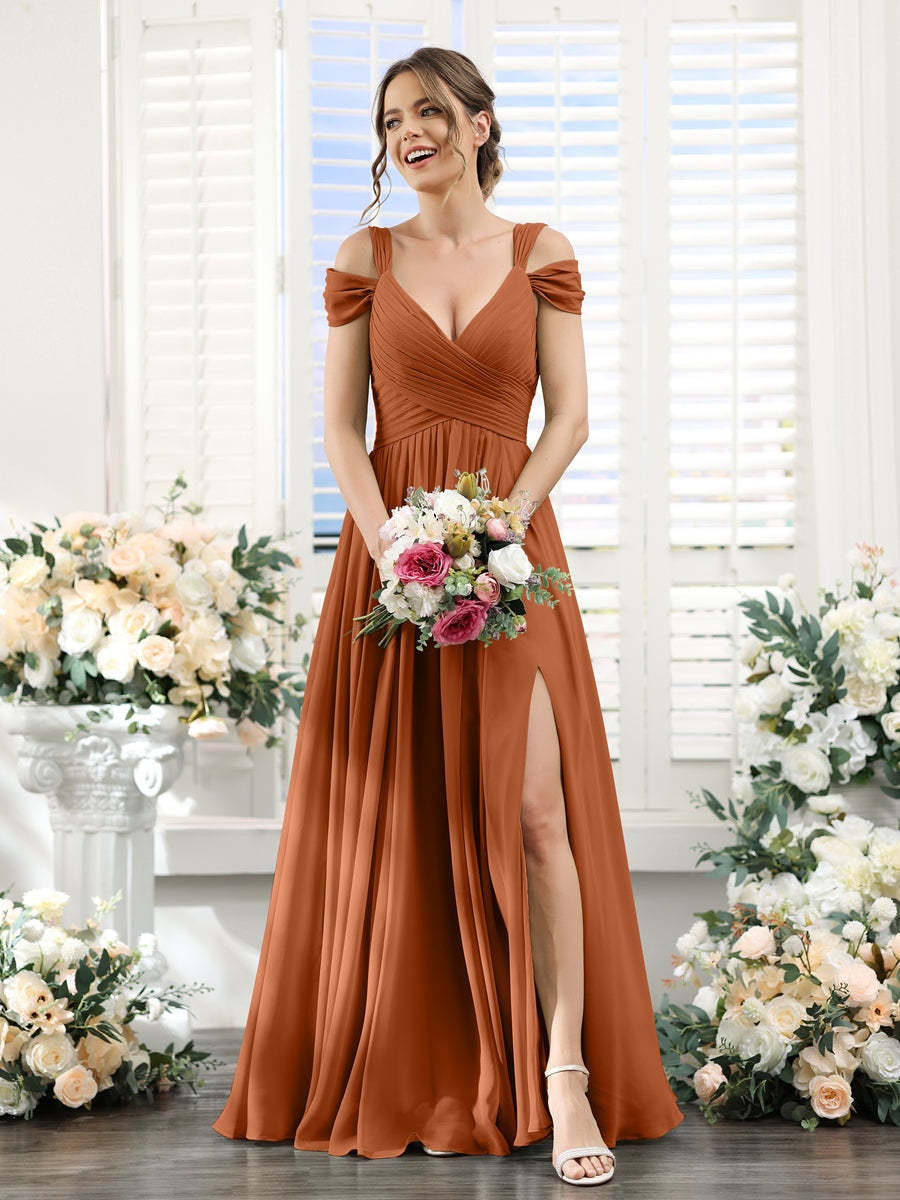 V-Neck Floor-Length Chiffon Bridesmaid Dress with Side Split and Ruched A-Line/Princess Silhouette