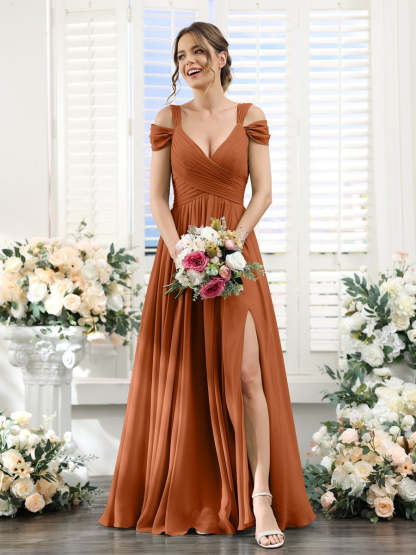 V-Neck Floor-Length Chiffon Bridesmaid Dress with Side Split and Ruched A-Line/Princess Silhouette