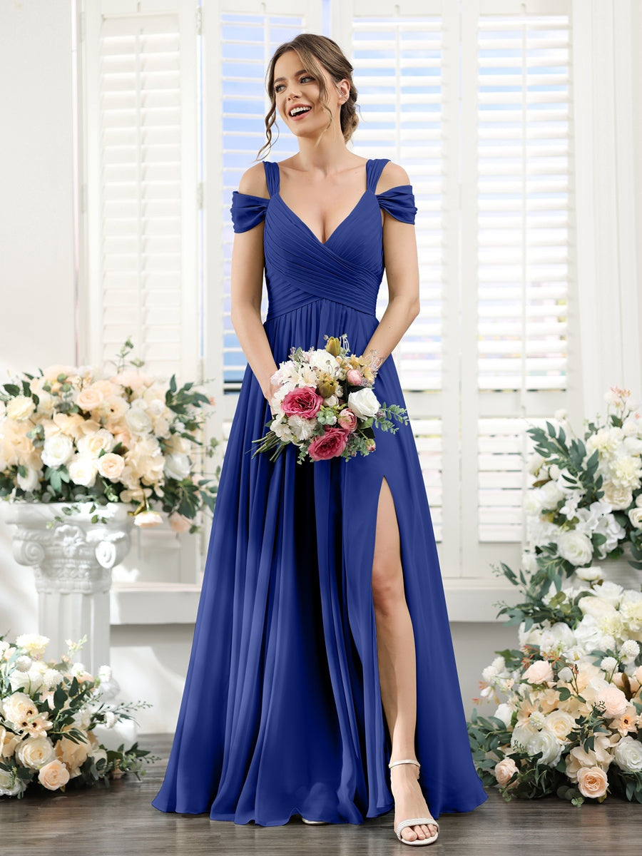 V-Neck Floor-Length Chiffon Bridesmaid Dress with Side Split and Ruched A-Line/Princess Silhouette