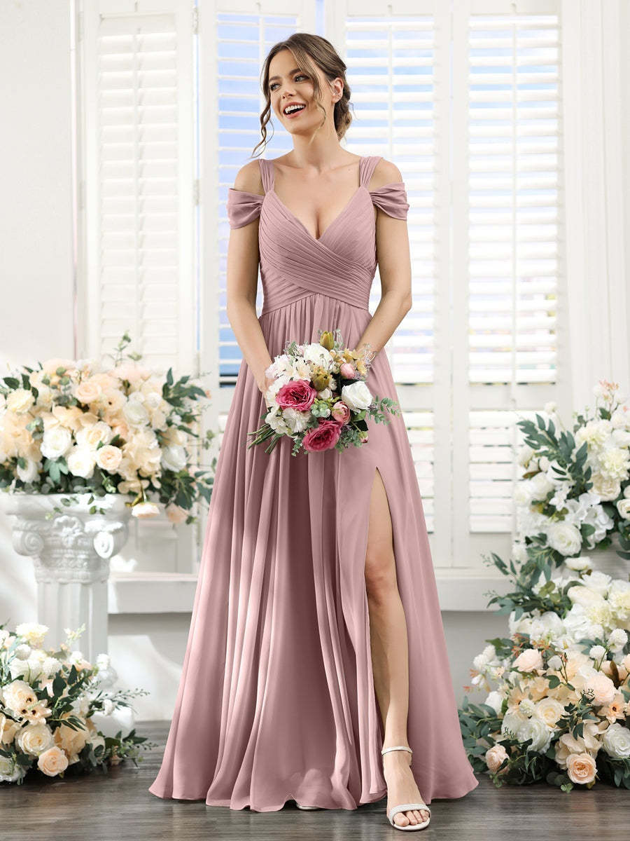 V-Neck Floor-Length Chiffon Bridesmaid Dress with Side Split and Ruched A-Line/Princess Silhouette
