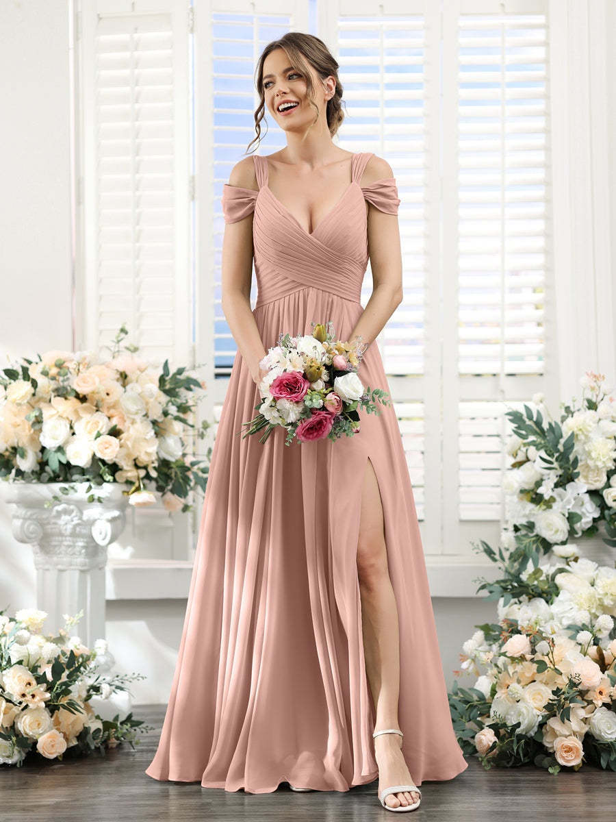 V-Neck Floor-Length Chiffon Bridesmaid Dress with Side Split and Ruched A-Line/Princess Silhouette