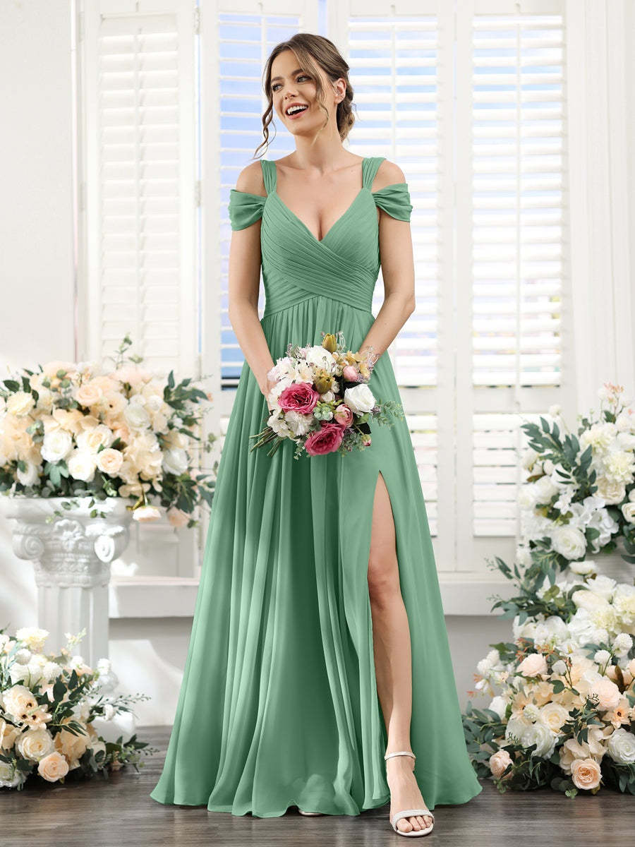 V-Neck Floor-Length Chiffon Bridesmaid Dress with Side Split and Ruched A-Line/Princess Silhouette
