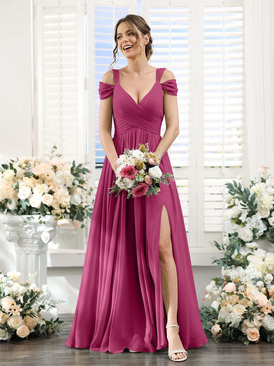 V-Neck Floor-Length Chiffon Bridesmaid Dress with Side Split and Ruched A-Line/Princess Silhouette