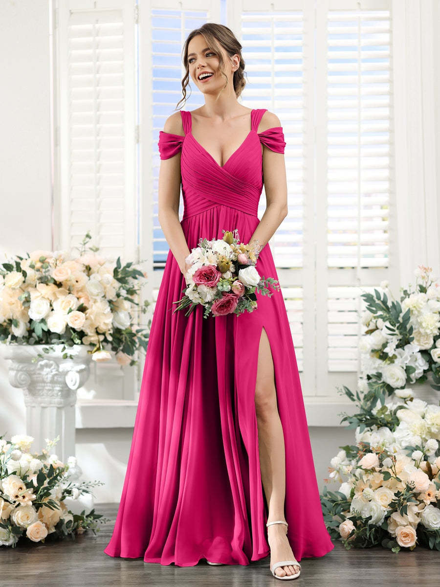 V-Neck Floor-Length Chiffon Bridesmaid Dress with Side Split and Ruched A-Line/Princess Silhouette